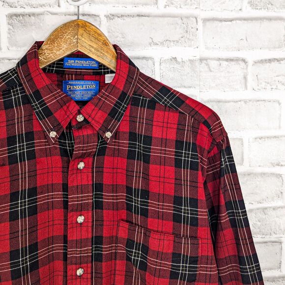 Pendleton Men's Virgin wool Button down flannel shirt Red plaid size Large - Picture 2 of 5